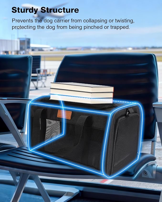 Pet Carrier Airline Approved for Pets Up to 10 Lb, 17x11x9.5 in | Underseat, Top & Side Entry Soft Dog Cat Travel Carrier with Safety Zippers & Anti-Scratch Mesh for Small Cat and Dog, Black