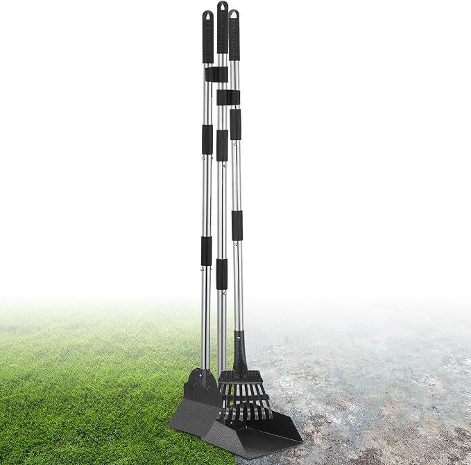 Pooper Scooper, Dog Pooper Scooper Long Handle Stainless Metal Tray Shovel and Rake Set for Medium Small Dogs Heavy Duty， Use for Grass, Dirt or Gravel