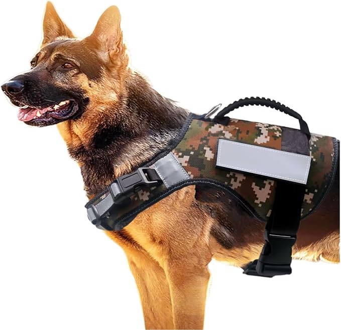 Reflective Tactical Dog Harness for Large Dogs, No Pull Heavy Duty Dog Vest Harness with Handle, Adjustable Removable Service Harnesses for Dogs, Camouflage, XL