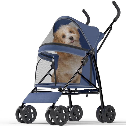 OS MOTOR 4 Wheels Pet Stroller for Small Medium Pets, Navy Blue | Foldable Carrier Jogger, Rear Wheel Breaks, Storage Basket, Visible Mesh Weather Cover, Portable, Dog, Cat, Puppy, Kitty