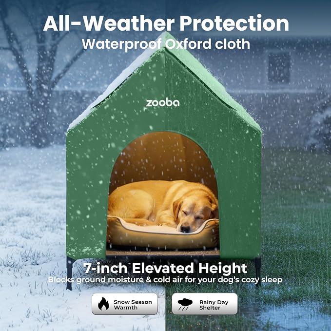 Zooba 29in Medium Dog House Outdoor, Elevated Dog Bed with Canopy, Green | Weather-resistant 600D PVC canopy, breathable 2x1 Textilene elevated bed, steel frame; indoor or outdoor; easy to clean