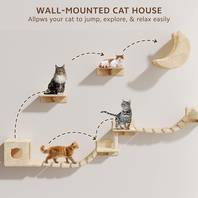 Cat Wall Furniture, 13 in 1 Moon & Bridge Cat Wall Shelves, Beige | Wall Mounted Cats Shelf Set with Plush Fabric, Cat Climbing Systems for 16 Inch Drywall, Condo, Scratching Post, Space-Saving