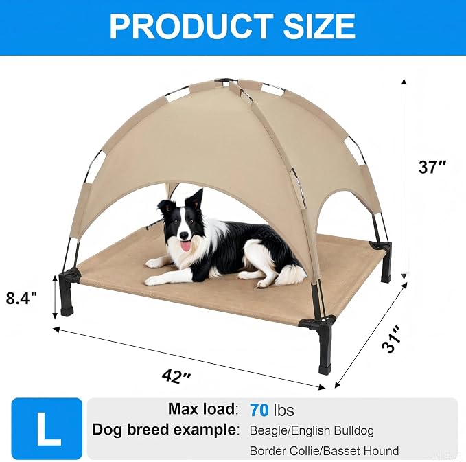 Elevated Dog Bed with Canopy Raised Pet Cot for Large Dogs, Outdoor Dog Cot with Removable Sun Shade Tent, Breathable Mesh Portable Dogs Cot for Camping, Beach, Backyard, Outdoor Use