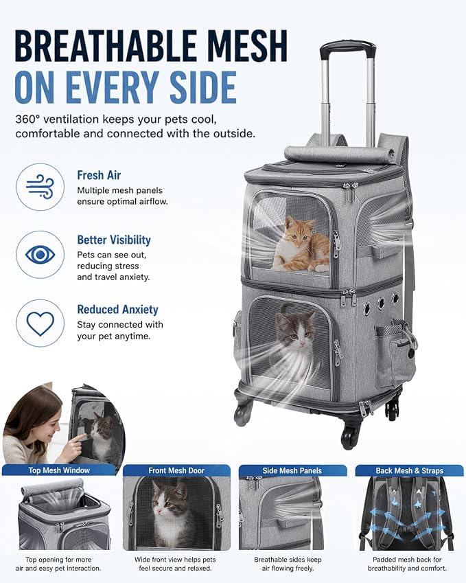 Double-Compartment Cat Carrier Backpack with Wheels for Two Pets | 2-in-1 Pet Rolling Carrier for Smalls Cats and Dogs, Perfect for Traveling / Walking/ Vet, Up to 12 lbs each, Grey
