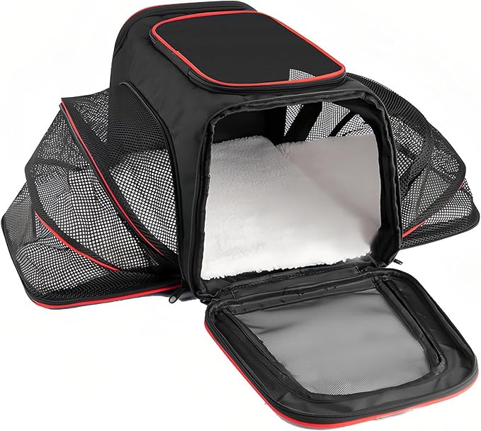 Expandable Cat Carrier Pet Carrier with 2 Extensions,Airline Approved Soft-Sided Portable Dog Travel Washable Carrier for Kittens,Puppies,Removable Soft Plush Mat (Black Red, Medium)