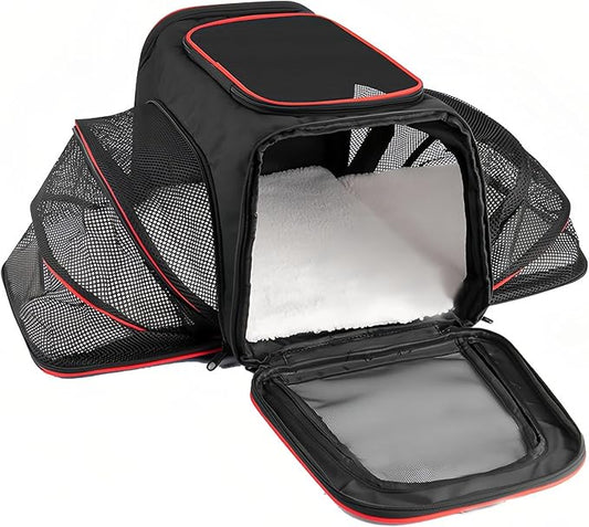 Expandable Cat Carrier Pet Carrier with 2 Extensions,Airline Approved Soft-Sided Portable Dog Travel Washable Carrier for Kittens,Puppies,Removable Soft Plush Mat (Black Red, Small)