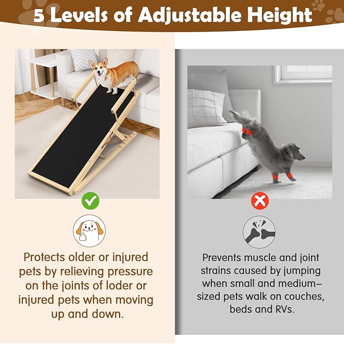 55" Adjustable Dog Ramp for Bed, Upgraded Wooden Pet Ramp with Non-Slip Silicone Surface and Side Rails, Height Settings (19.68-27.55"), Holds Up to 250lb, Portable Pet Stairs for Senior & Large Dogs