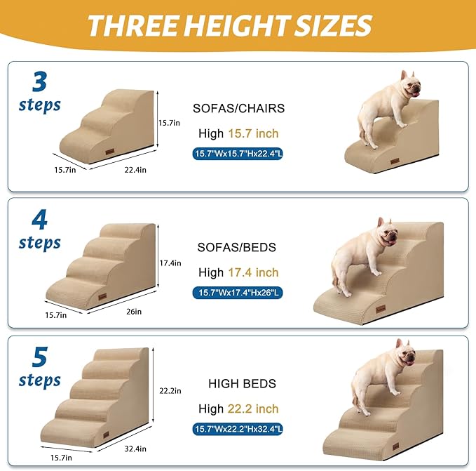 Aodisman Dog Stairs for Small Dogs and Cats,3-Step Pet Ramp for Couch,Chair | 15.7" H Non-Slip Sturdy Dog Steps with Curved Ramp for Senior,Short-Legged Dogs,Puppy and Cats to Reach Sofa or Chair,Khaki