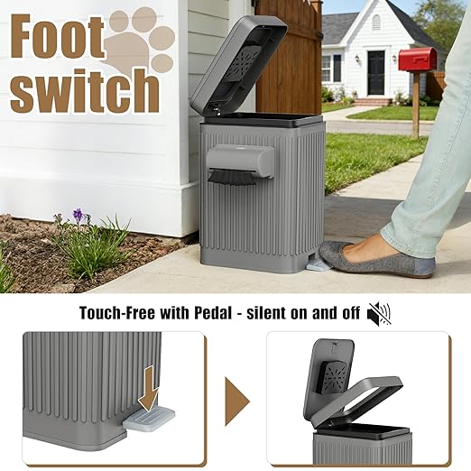 Dog Poop Trash Can for Outside & Indoor, 5L/1.3Gal Small Pet Waste Bin with Odor Control Carbon Filter Lid, 2-Way Open (Step & Press Top), Dog Waste Container with Bag Holder, Grey