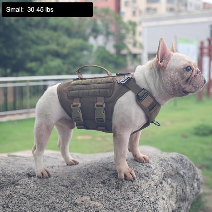 ICEFANG No Pull Tactical Dog Harness for Small Dogs,Adjustable Dog Vest | Control Handle,MOLLE Panel,Front Hook,3 Leash Clips,Soft Padded,for walking training,Brown,Small