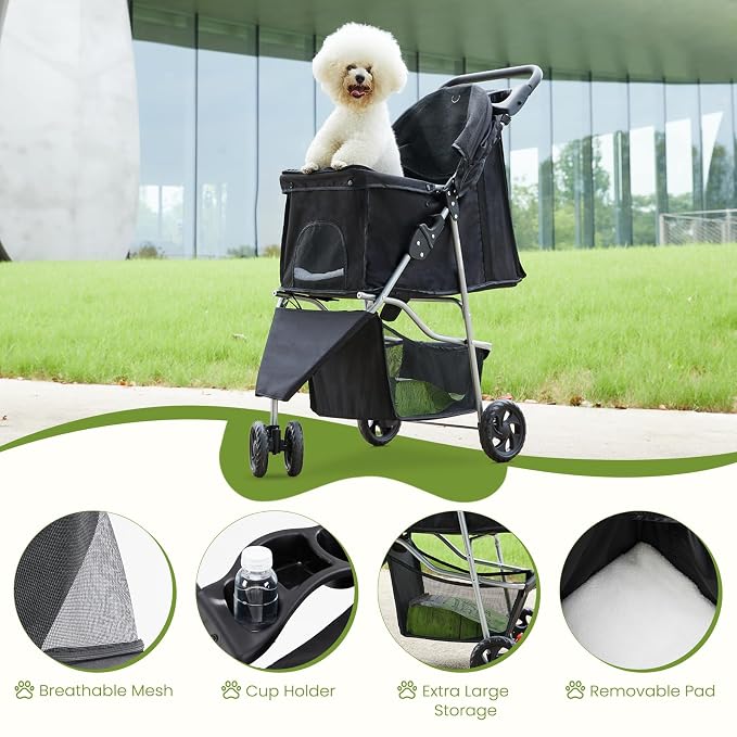 3 Wheel Pet Stroller for Dogs, Cats Stroller with Storage Basket and Cup Holders, Foldable, Lightweight and Durable, Ideal for Small to Medium Pets, Home Cleaning, Black