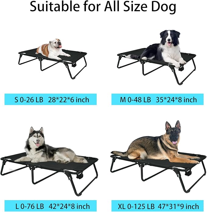 Elevated Raised Small Meduim Dog Bed Cots Cooling Foldable | No Assembly Need Pet Hammock Bed with Breathable Mesh, Indoor Outdoor Dog Pet Bed for Small Meduim Dogs, Chew Proof, Black