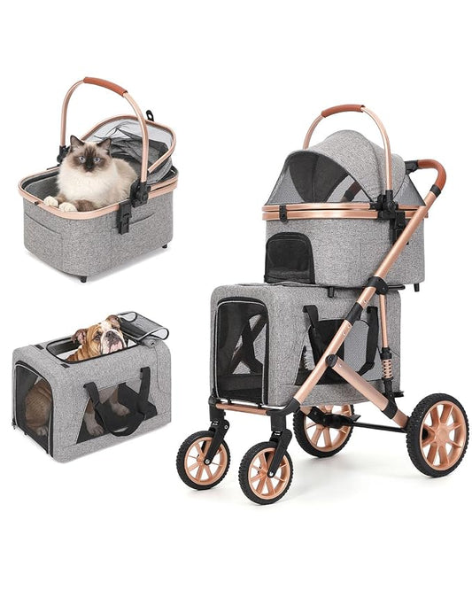 HOVONO Double Dog Stroller for 2 Small & Medium Dogs/Cats Up to 60 lbs | 3-in-1 Pet Stroller with Detachable Carrier, Lightweight Aluminum Alloy, Foldable Frame, Rubber Wheels with Suspension