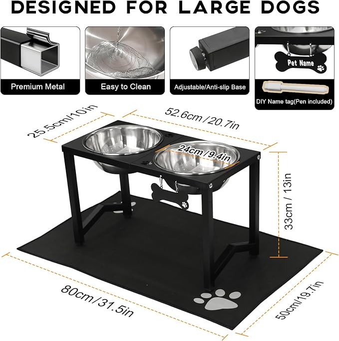 Elevated Dog Bowls, Metal Raised Dog Bowl Stand with 2 Thick 85oz Capacity Stainless Steel Food Bowls & Non-Slip Mat - 13" Tall for Large Breeds