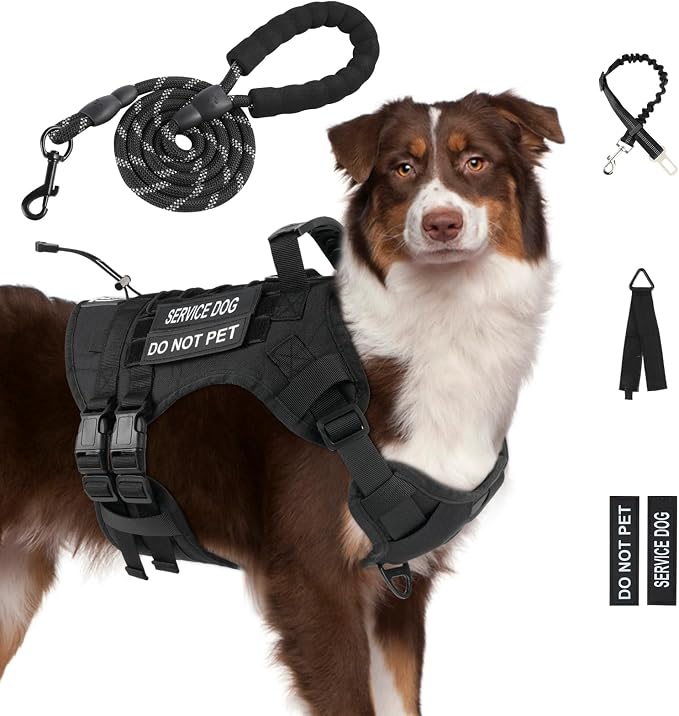 No Pull Tactical Dog Harness for Large Dogs, Service Dog Vest, XL, Black | Tactical Dog Vest Harness and Leash Set, Adjustable Military Service Dog Harness with Handle for Medium Large Dogs