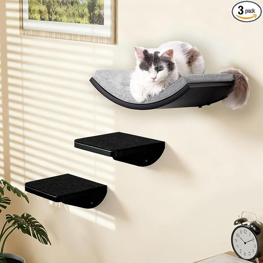 Cat Wall Shelves Set - Curved Wall Foam Bed and 2 Floating Wall Grey Steps, Wall Mounted Cat Climbing Shelves for Sleeping, Playing, and Lounging