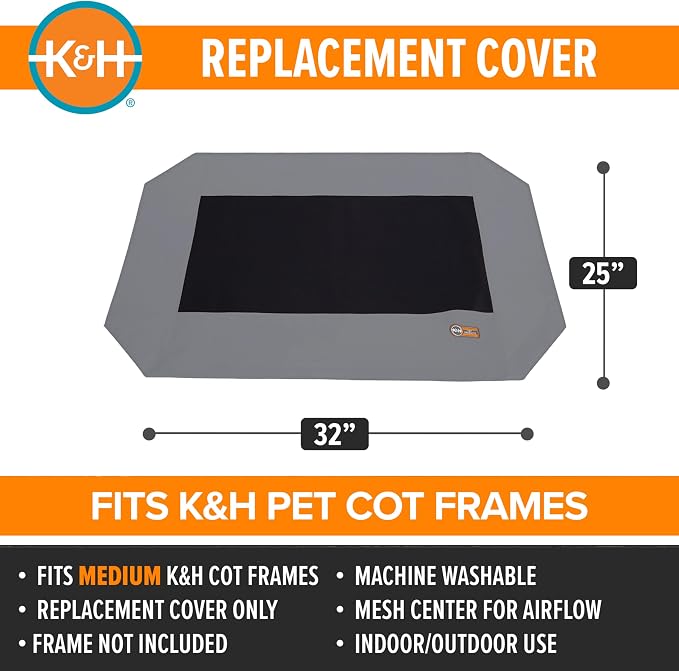 K&H Outdoor Elevated Dog Bed Pet Cot Replacement Cover, Medium 32x25in | Designed to fit K&H Medium Pet Cots (Sold Separately), Indoor Outdoor Dog Bed, Breathable Mesh Center, Machine Washable, Gray