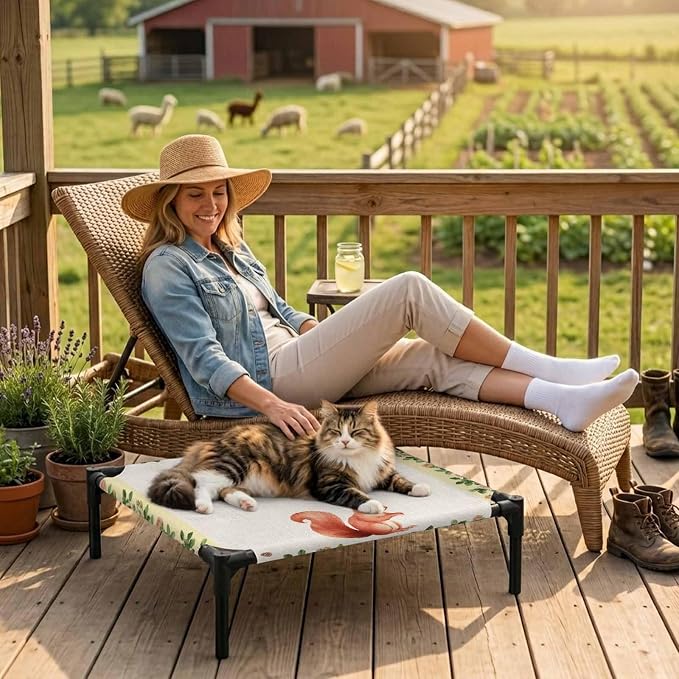 Outdoor Elevated Dog Bed for Small Dogs, Country Squirrels Breathable Cooling Raised Dog Cot for Indoor/Outdoor, Farmhouse Rustic Flower Leaf Plant Beige Waterproof Elevated Pet Beds, S 20 x 20 in