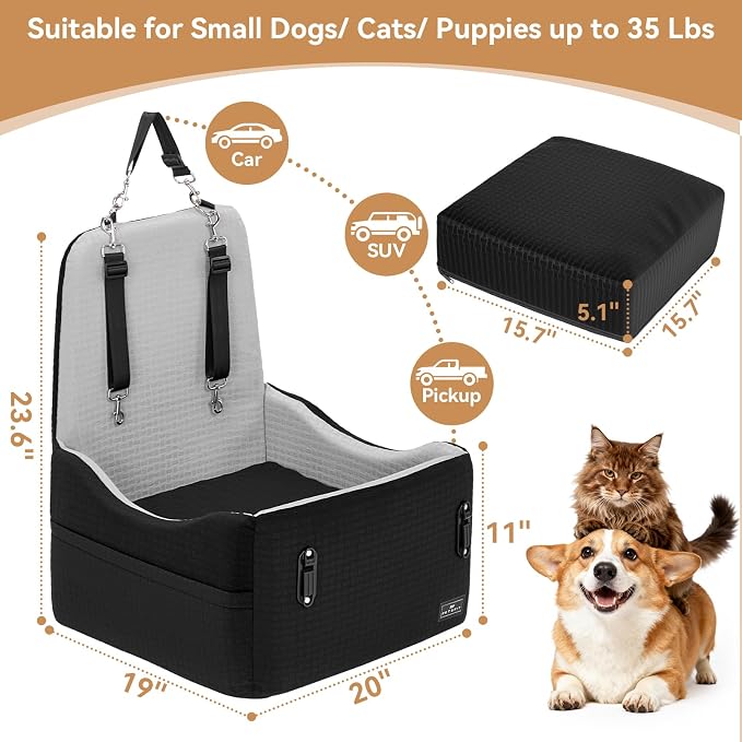 PETSFIT Dog Car Seat with Patented Safety System, 5" Elevated Cushion | Fully Detachable Washable Cover, Memory Foam Dog Booster Seat for Small/Medium Dogs Up to 35 Lbs, Front/Back Seat Travel