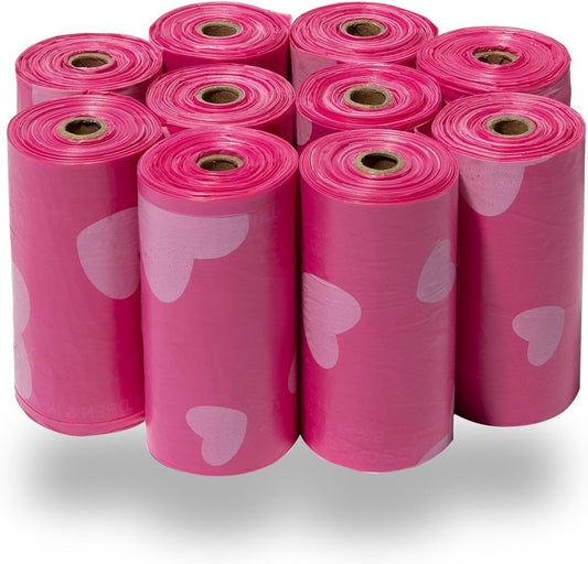 Best Pet Supplies Dog Poop Bags (150 Bags) for Waste Refuse Cleanup, Doggy Roll Replacements for Outdoor Puppy Walking and Travel, Leak Proof and Tear Resistant, Thick Plastic - Pink Heart