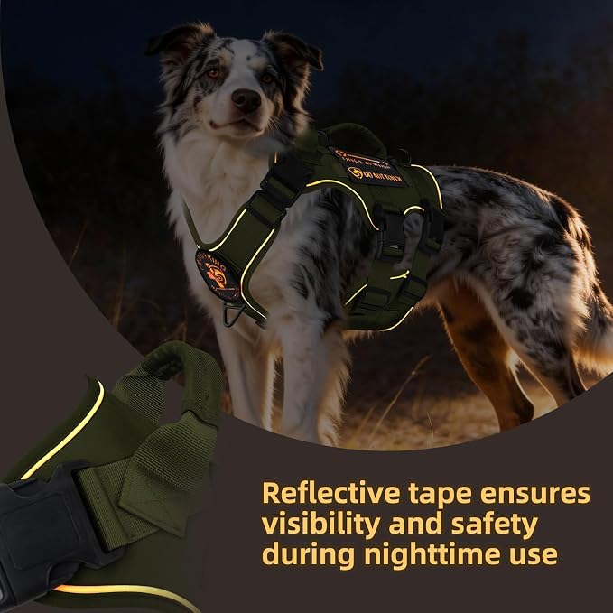 Reflective Tactical Dog Harness with AirTag Holder&3 Pet Patches, Green M | Heavy Duty No Pull Dog Harness, Adjustable Dog Harness, Two Handles, Breathable Mesh Padding, Resists Dirt and Stay Clean