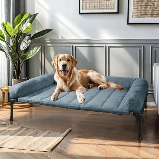 Veehoo Elevated Dog Beds Large Sized Dog with Fluffy Plush Bolster Cushion | Orthopedic Raised Dog Beds for Indoor Outdoor, Soft Pet Sofa Cot with Removable Washable Mat, No-Slip Feet, 42" x 30", Blue