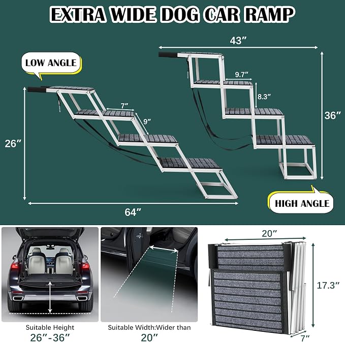 Joyrally 4-Step Dog Stairs for Car, Large Dogs, Non-Slip Surface | 20 in extra-wide aluminum frame, non-slip surface and foldable design for SUV and truck trunks, for senior and injured dogs