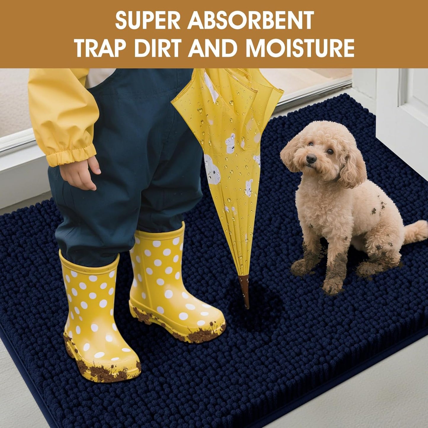Dog Door Mats for Muddy Paws, Chenille Absorbent Door Mats, Non Slip Heavy Mud Mat for Dogs, Soft Indoor Door Mat for Entryway, Mud Paws, Inside Floor,36" X 24", Navy Blue