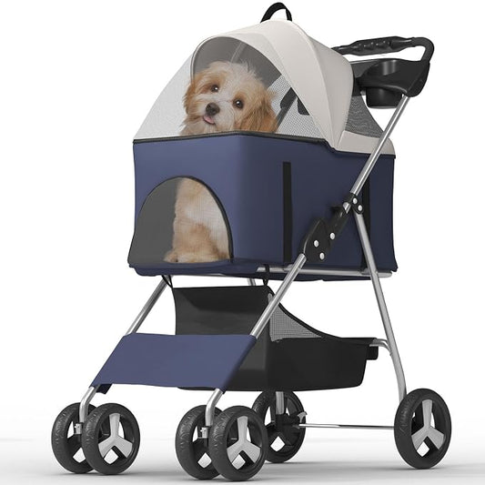 OS MOTOR 4-Wheel Pet Stroller for Small Medium Pets, Navy Blue | Foldable Detachable Carrier, Rear Wheel Breaks, Storage Basket, Visible Mesh Weather Cover, Portable, Dog, Cat, Puppy, Kitty