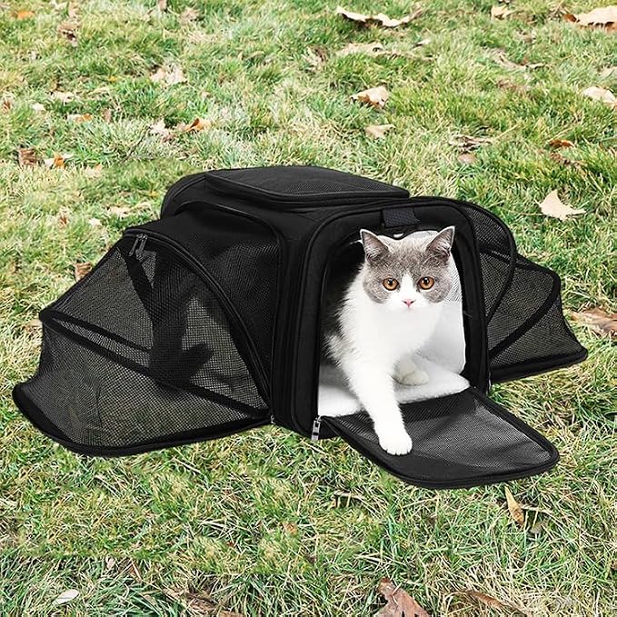 Expandable Cat Carrier Pet Carrier with 2 Extensions,Airline Approved Soft-Sided Portable Dog Travel Washable Carrier for Kittens,Puppies,Removable Soft Plush Mat (Black, Small)