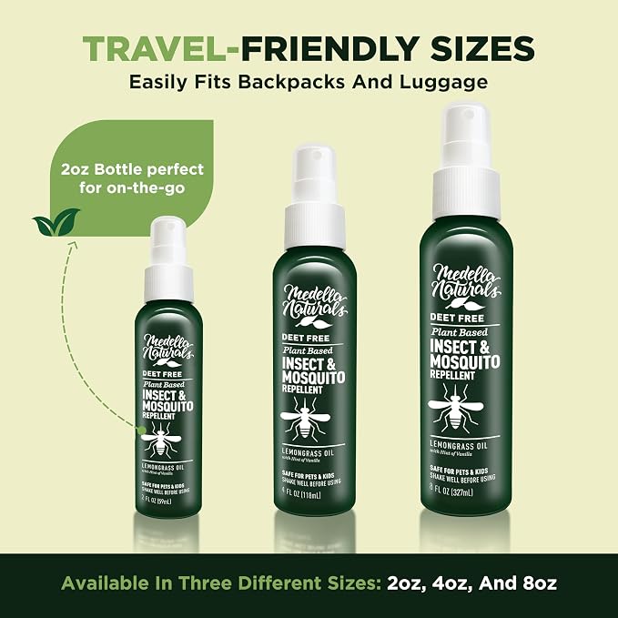 Deet-Free Insect & Mosquito Repellent – Travel Pack (2,4, 8 oz) | Insect Repellent with Lemongrass Oil Safe for Pets and Kids – Bug Spray for Mosquitoes, Gnats, Black Flies, and No-see-ums