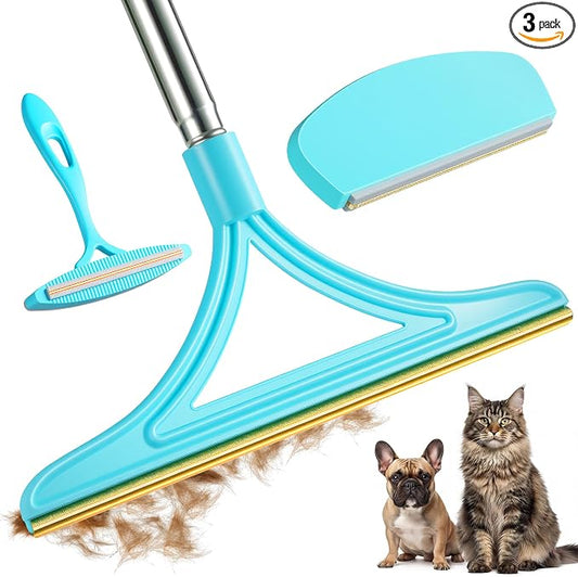3 Pack Set Pet Hair Removal Tool – Reusable Carpet Rake Set with Long Handle, Dual-Sided Scraper & Detail Tool for Carpet, Furniture, Car & Embedded Dog & Cat Hair