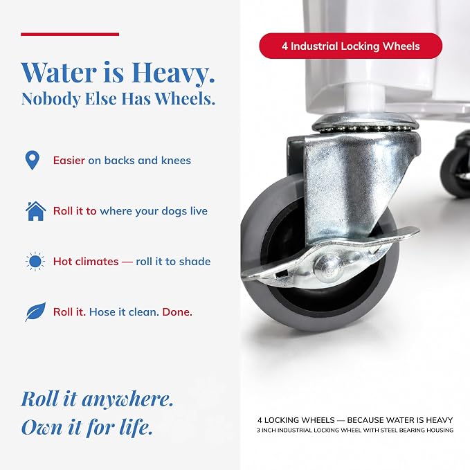 6.5 Gallon Top Fill Gravity-Fed Dog Waterer, Locking Wheels, Food Grade | Choose quality over disposable products, with US support and replaceable parts.