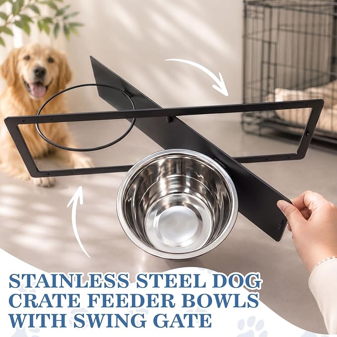 LemonRoad 2 Pcs 57oz Stainless Steel Dog Kennel Swivel Feeder Bowls with Swivel Gate Mountable Dog Feeding Station(23.6" X7") for Large Medium Dogs Feeding Cages Crate Outdoor Kennel