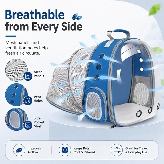 Expandable Cat Carrier Backpack for Cats & Dogs, Bubble Window Pet Travel Backpack with Breathable Mesh, Anti-Collapse Structure, Side Door, Safety Leash, for Vet Visits, Hiking, Outdoor, Blue