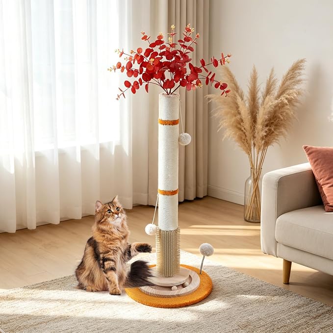 Cat Scratching Post,45'' Tall Artificial Flower Design Scratcher Tree Toys with 3.5Inch Diameter Sisal Rope for Large Kittens