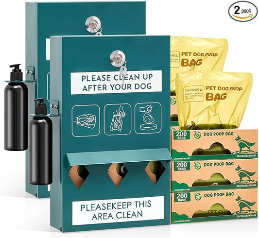 Abbylike 2 Set Outdoor Dog Bag Storage Dispenser with Bags and Hand Sanitizer Bottle Green Poop Station Wall Mounted Dog Waste Container for Pet Waste Wall Home Porch Lawn Yard Fence