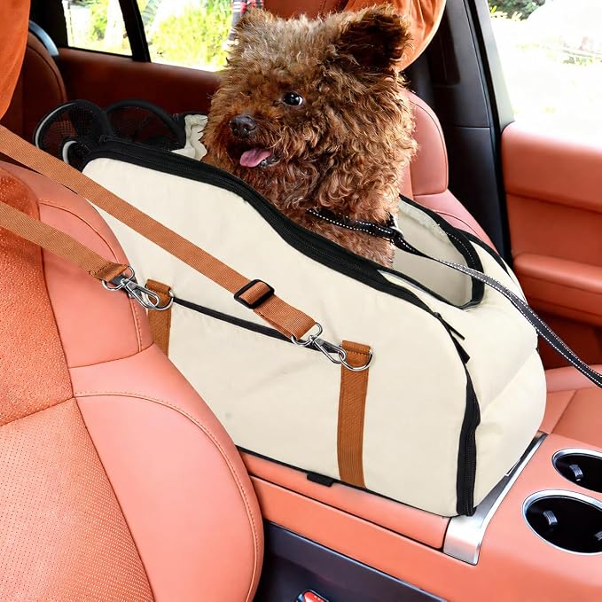 Center Console Pet Carrier for Small Dogs & Cats, Dog Car Seat with Foldable Top Window and Non-Slip Safety Straps, Travel Backpack