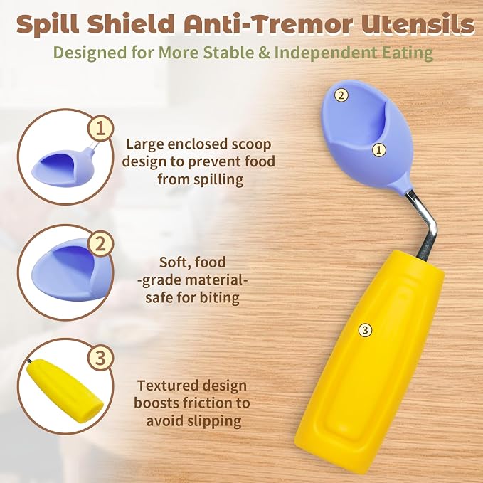Anti-Tremor Spill Shield Spoon for Hand Tremors Parkinsons, Weighted Adaptive Utensils with Large Enclosed Scoop, Ergonomic Non-Slip Handle, Dishwasher Safe (Yellow, Left Spoon)