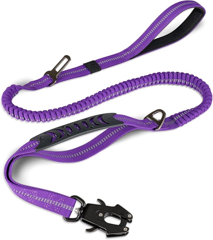 Joytale Tactical Bungee Dog Leash, Shock Absorbing No Pull, Purple | for Large Dogs That Pull, 2 Padded Handles for Control, Car Seatbelt Clip, Reflective for Night Safety, Metal Frog Clip