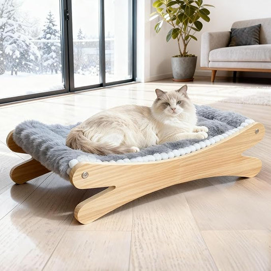 Plush Elevated Cat Bed - Cozy Raised Cat Hammock with Solid Wood Frame, Soft Furry Cushion for Indoor Cats & Small Dogs, Multi-Color Options(Grey)