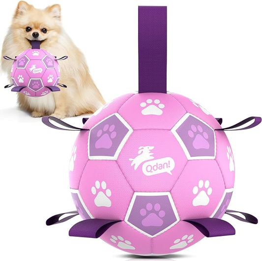 QDAN Dog Toys Soccer Ball with Straps - Durable Balls for Small Medium Dogs, Beach Pool Water Toy Dog Tug Toys for Tug of War, Puppy Pet Birthday Gifts (6 Inch)