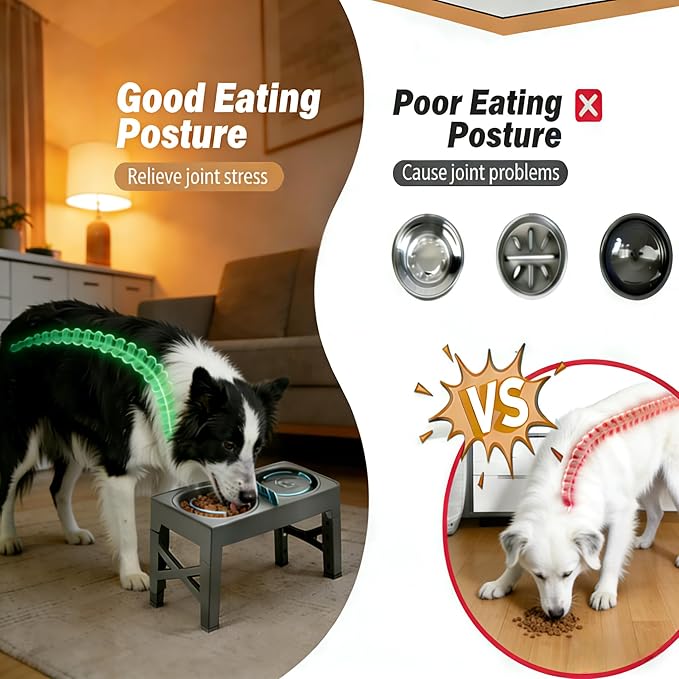 3-in-1 Elevated Slow Feeder and Water Bowls for Dogs, 4 Height Adjustable Raised, Separate Dry and Wet Areas, Prevent Water Overflow, Foldable Pet Bowl