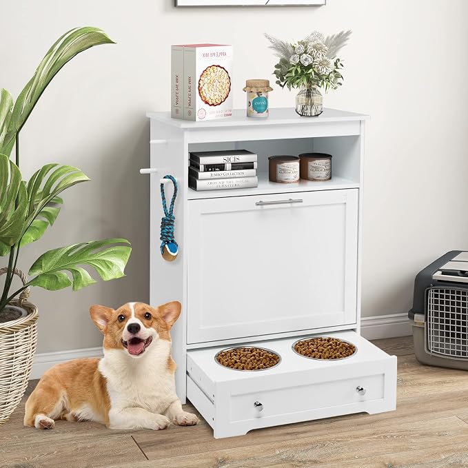 Dog Feeding Station Dogs Food Storage Cabinet Pet Feeder Container with 2 Thick 50oz Stainless Steel Raised Dog Food and Water Bowls, Pet Supply Organizer with Pet Toy Hangers, White