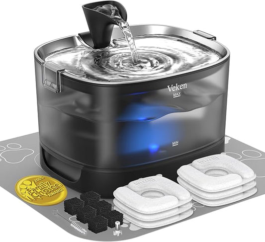 Veken Cordless Cat Water Fountain with Stainless Steel Tray & Secure Clips, 6 Filters + 6 Filter Sponges, 5200 mAh Battery Operated Pet Drinking Dispenser with LED Light, 85oz/2.5L Wireless Fountain