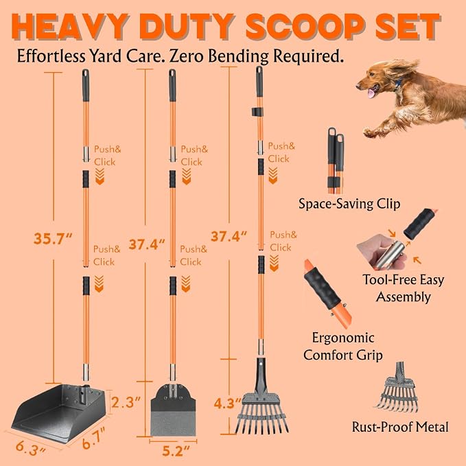 Pooper Scooper 6 Pack Set -INCL 15L Trash Can Outside, 20 Waste Bags, 38" Long Handle Dog Pooper Scooper Rake Tray Spade Set for Large Dog,OdorLock Step Can for no Touch Dog Poop for Grass/Gravel