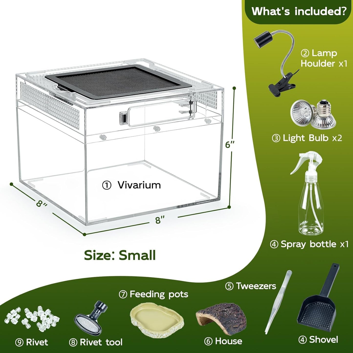 Reptile Tank Kit with Heat Lamp, Spray Bottle, Shovel, Tweezers, Food Bowl, Hideout -Perfect for Geckos, Jumping Spider,Milk Frog,Hermit Crabs,Snakes, Lizards (8''×8''×6'')