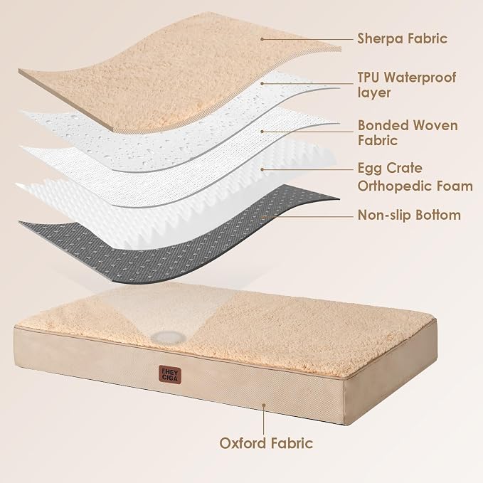 EHEYCIGA Orthopedic Dog Bed Large with Removable Washable Cover, 35IN Khaki | Egg Crate Foam Support, Durable Oxford fabric, Non-Slip Bottom, Machine Washable, Soft Waterproof Plush Pet Bed Mat For Crate