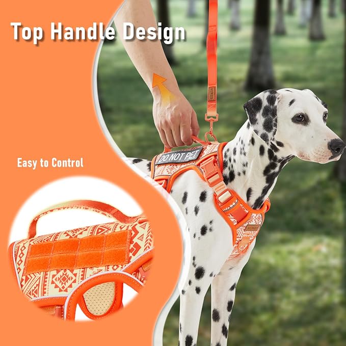 Small Dog No Pull Dog Harness, Pet Harness with Reflective Strip Soft Padded Handle, Adjustable Vest Harness for Walking Hiking Training, Geometric Pattern, Beagle, Orange Ethnic, S