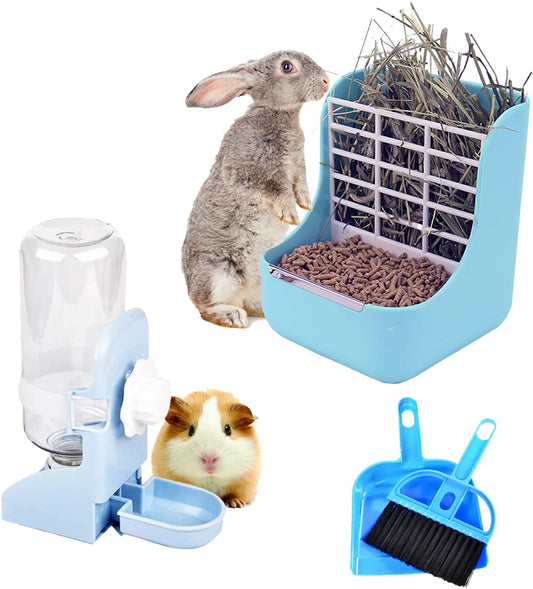 HERCOCCI PET Feeder and Water Bottle Set, Large Blue (500ml), Durable Hay Food Bin Feeder, Food Bowl, Gravity-Fed Water Dispenser for Rabbit, Guinea Pig, Chinchilla